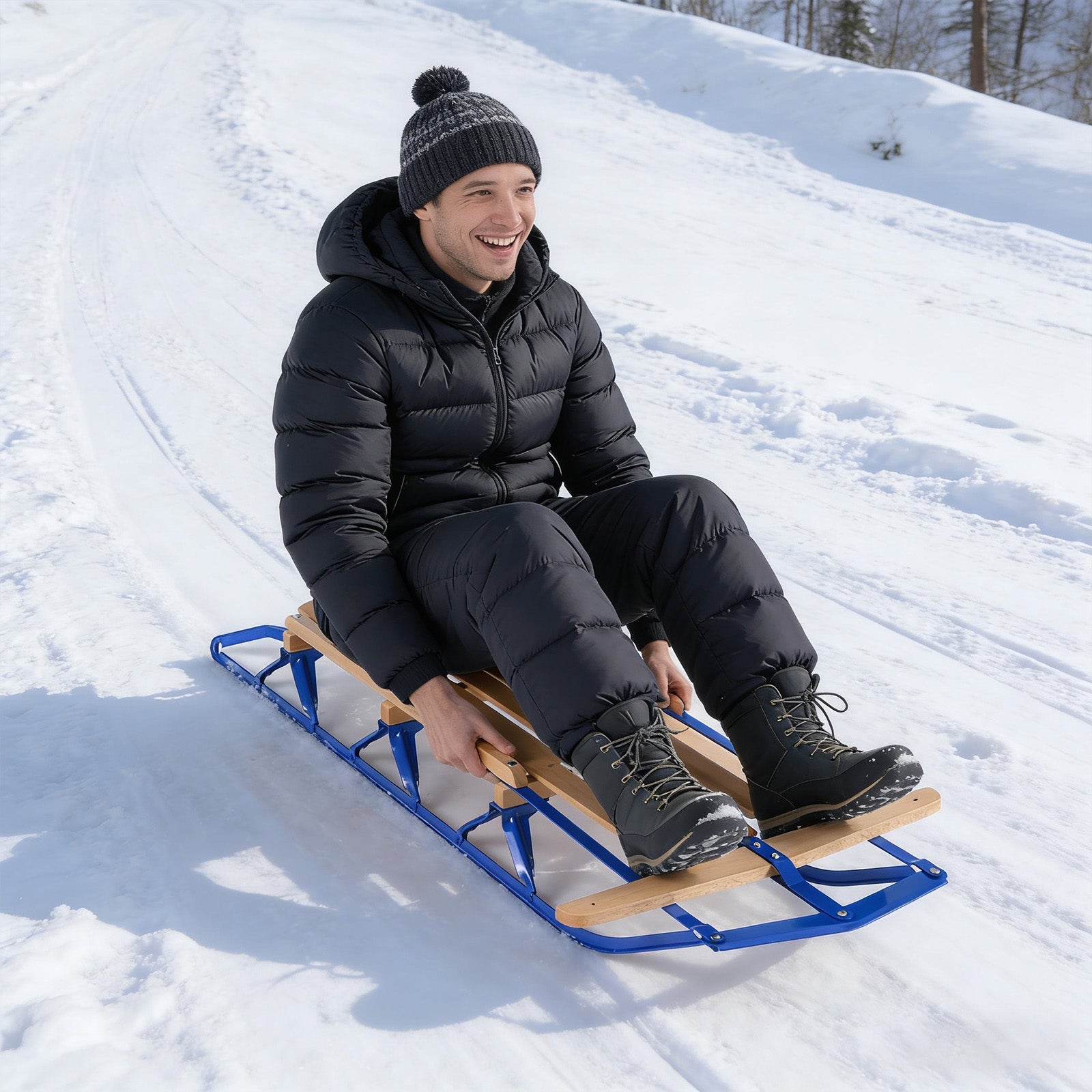 54 Inch Wooden Snow Sled With Metal Runners