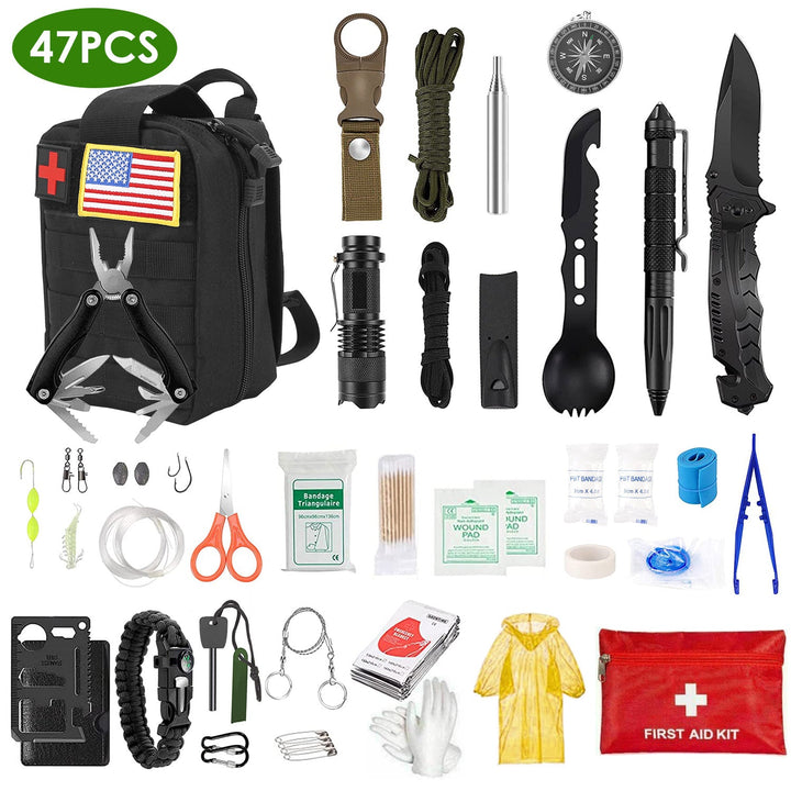 47Pcs Emergency Survival Kit Survival EDC Gear Equipment Tool First Aid Supplies Kit Tools with Pouch for Hiking Hunting Disaster Camping Adventure