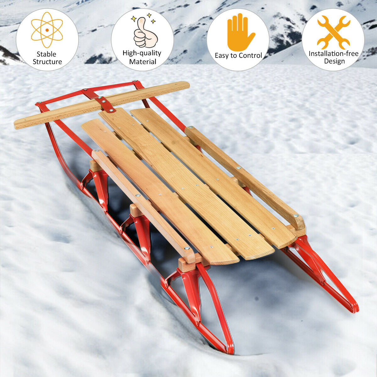 54 Inch Wooden Snow Sled With Metal Runners