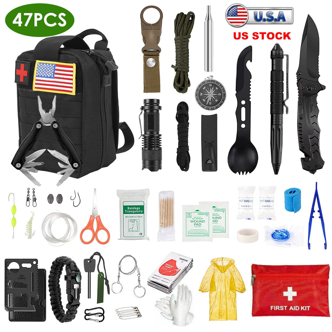 47Pcs Emergency Survival Kit Survival EDC Gear Equipment Tool First Aid Supplies Kit Tools with Pouch for Hiking Hunting Disaster Camping Adventure