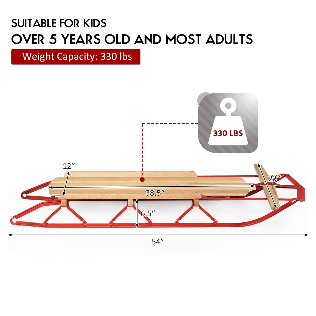 54 Inch Wooden Snow Sled With Metal Runners