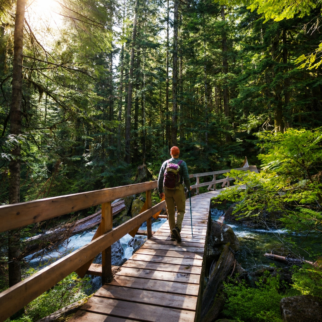 A person hiking through a dense green forest on a wooden boardwalk bridge over a stream, carrying a backpack and using trekking poles.