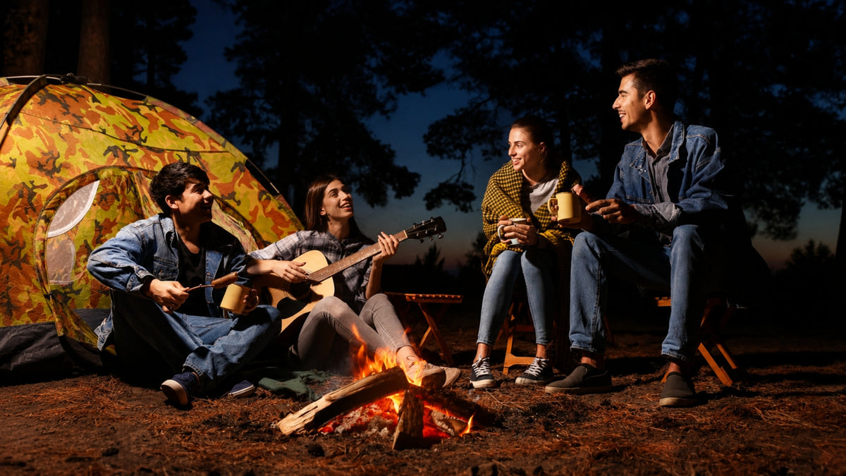 Four friends camping outdoors at night around a crackling campfire, with one person playing a guitar and another sitting beside a yellow-and-brown tent. The scene is warmly lit by the fire against a dark forest background.