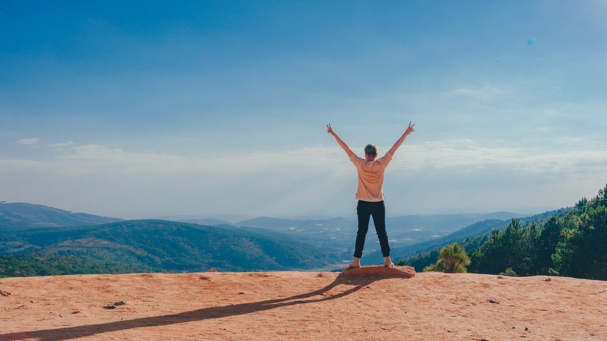 A person standing on a red rock cliff with their arms raised in a victorious pose, overlooking a vast mountain landscape under a clear blue sky.